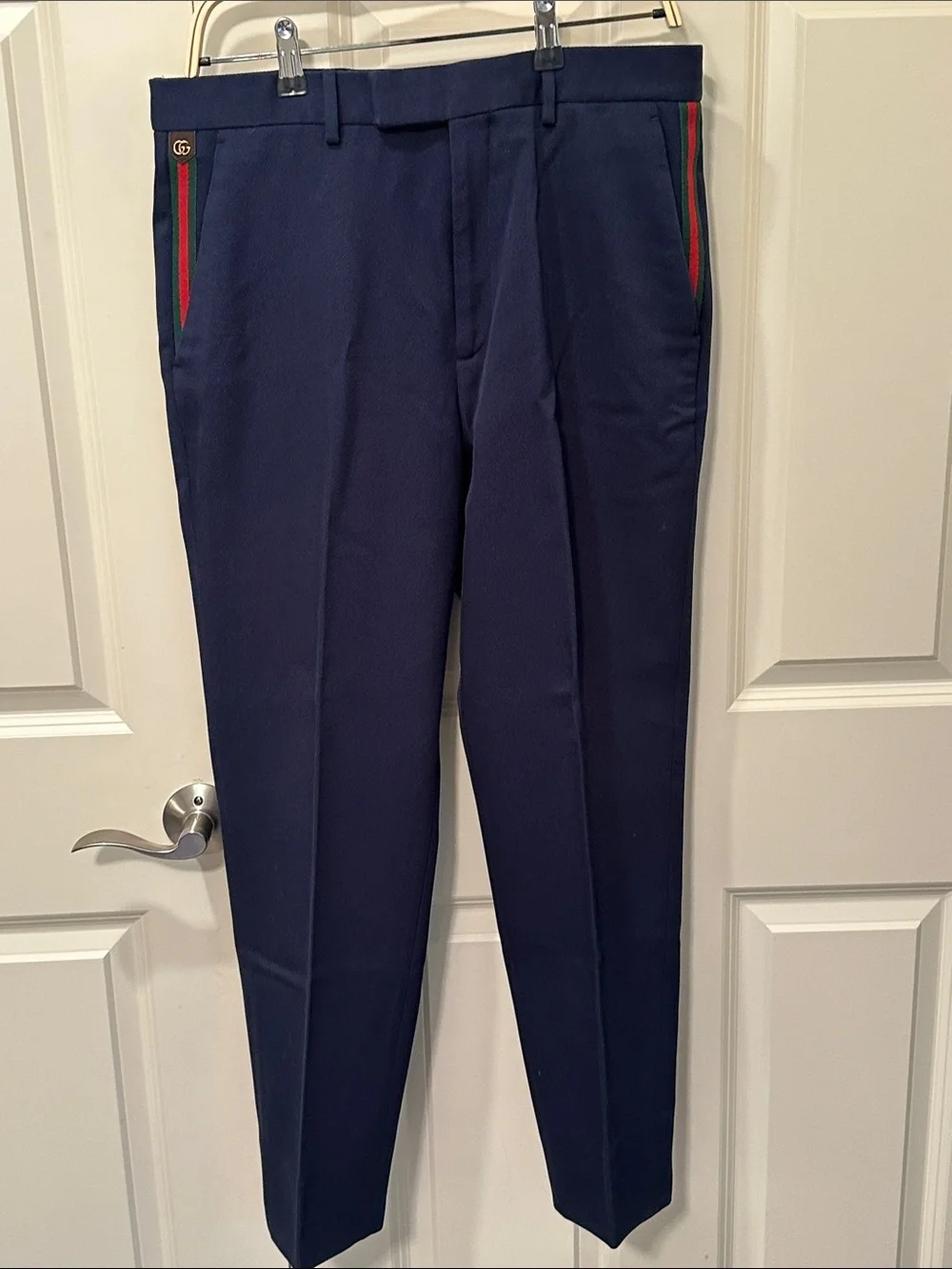 Gucci Men's Navy Dress Pants with Red and Green Trim